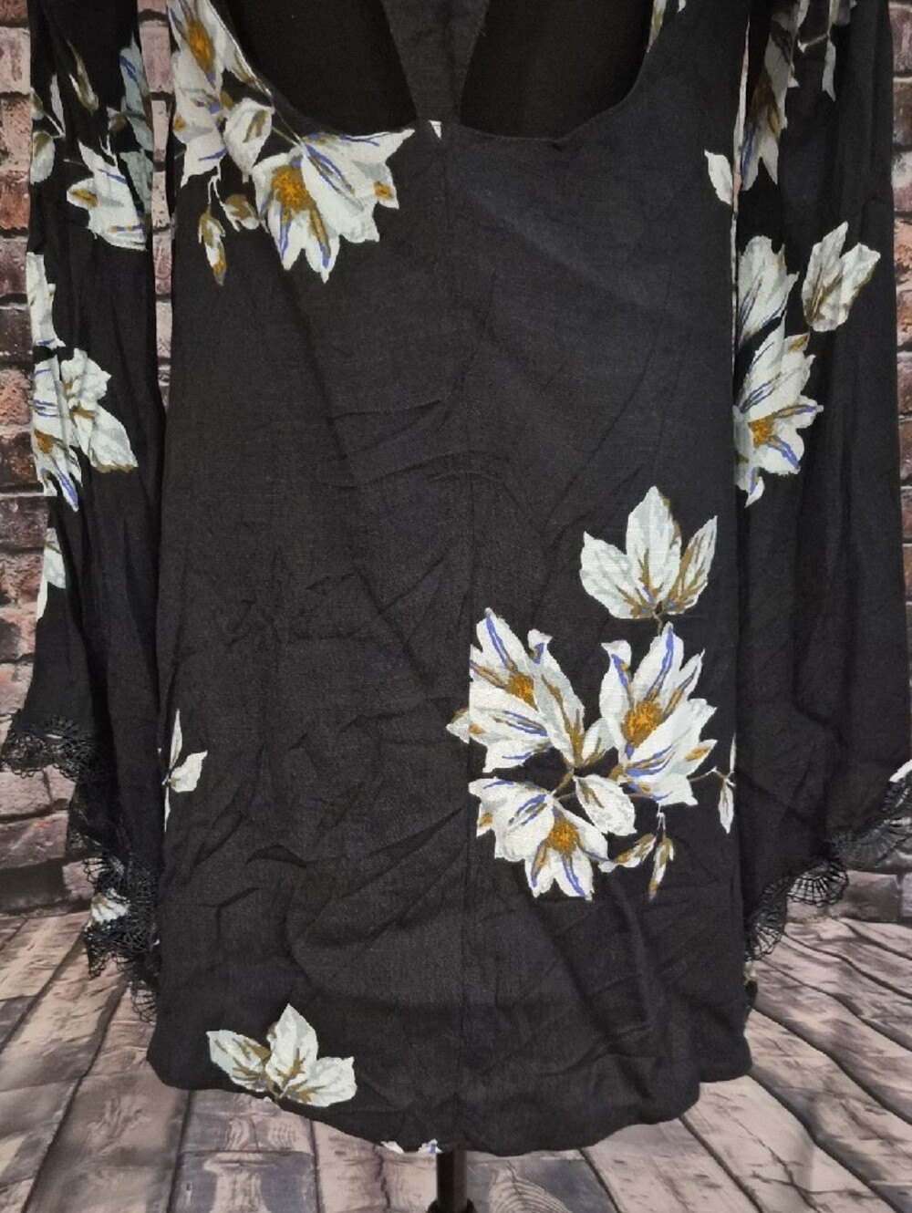 Free People Wanderer Mini Dress with Lace Trim Bell Sleeves And Cut Out Back - Picture 10 of 11